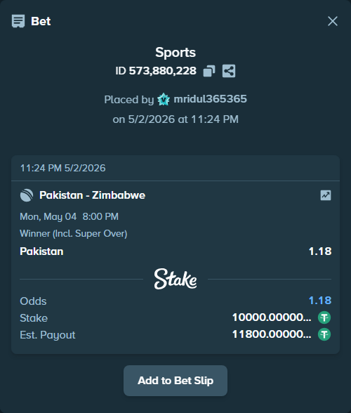 Bet slip: Pakistan - Zimbabwe, $10,000.00 stake at 1.18 odds, placed by mridul365365