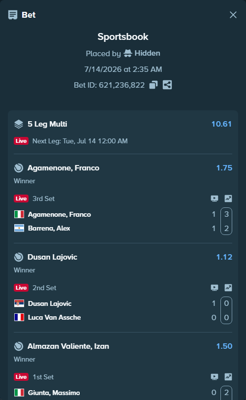 Bet slip: Palan, Dominik - Gonzalez Fernandez, Mario, $17,315.00 stake at 1.85 odds, placed by Hidden