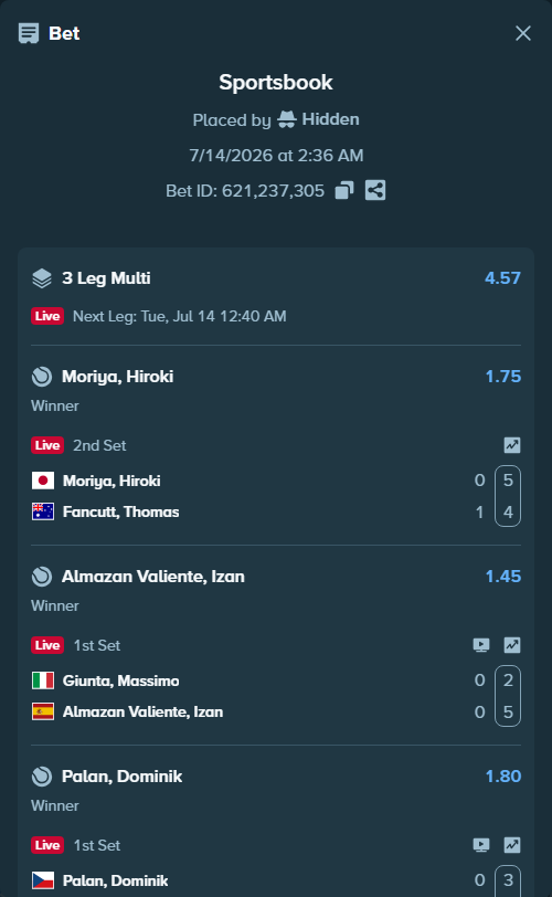 Bet slip: Palan, Dominik - Gonzalez Fernandez, Mario, $20,000.00 stake at 1.80 odds, placed by Hidden