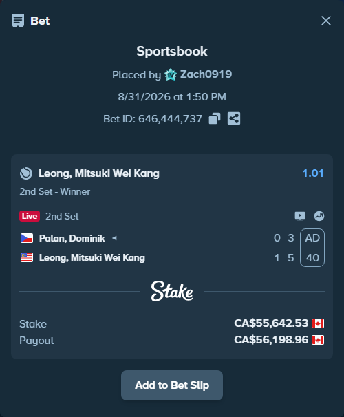 Bet slip: Palan, Dominik - Leong, Mitsuki Wei Kang, $41,175.47 stake at 1.01 odds, placed by Zach0919