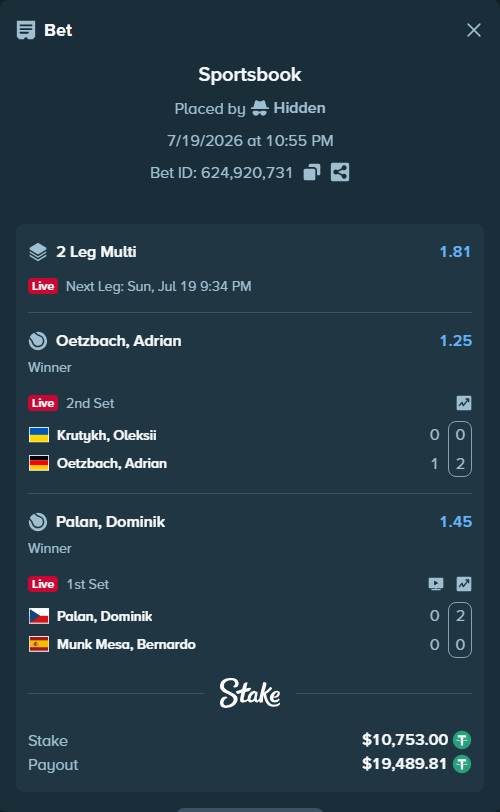 Bet slip: Palan, Dominik - Munk Mesa, Bernardo, $10,753.00 stake at 1.45 odds, placed by Hidden