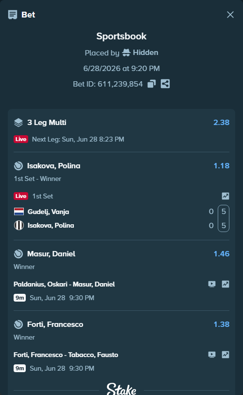 Bet slip: Paldanius, Oskari - Masur, Daniel, $114,684.38 stake at 1.46 odds, placed by Hidden
