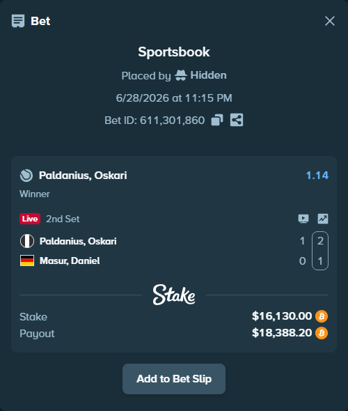 Bet slip: Paldanius, Oskari - Masur, Daniel, $16,787.01 stake at 1.14 odds, placed by Hidden