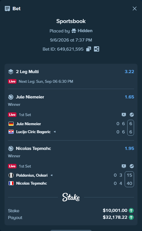 Bet slip: Paldanius, Oskari - Tepmahc, Nicolas, $10,000.00 stake at 1.95 odds, placed by Hidden