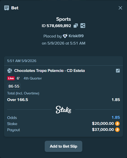 Bet slip: Palencia Baloncesto - CD Estela, $16,031.93 stake at 1.85 odds, placed by Kriski99