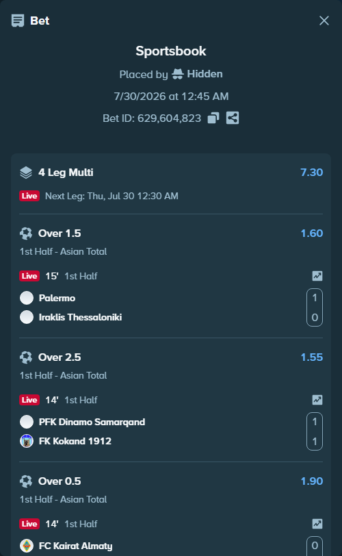 Bet slip: Palermo - Iraklis Thessaloniki, $13,126.04 stake at 1.60 odds, placed by Hidden