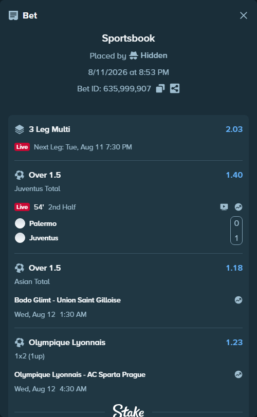 Bet slip: Palermo - Juventus, $11,365.54 stake at 1.40 odds, placed by Hidden