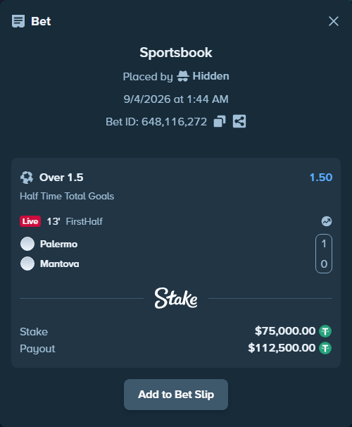 Bet slip: Palermo - Mantova, $75,000.00 stake at 1.50 odds, placed by Hidden