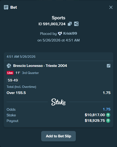 Bet slip: Pallacanestro Brescia - Pallacanestro Trieste 2004, $10,817.00 stake at 1.75 odds, placed by Kriski99