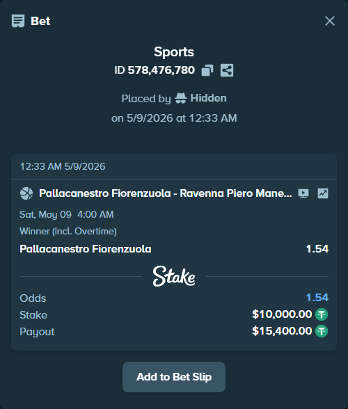 Bet slip: Pallacanestro Fiorenzuola - Ravenna Piero Manetti, $10,000.00 stake at 1.54 odds, placed by Hidden
