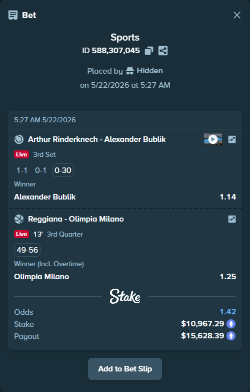 Bet slip: Pallacanestro Reggiana - Olimpia Milano, $8,890.32 stake at 1.25 odds, placed by Hidden