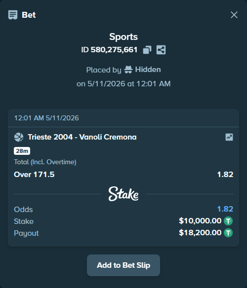 Bet slip: Pallacanestro Trieste 2004 - Vanoli Cremona, $10,000.00 stake at 1.82 odds, placed by Hidden