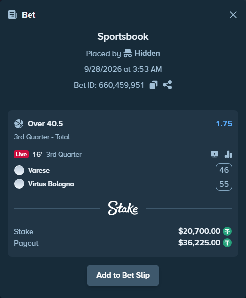 Bet slip: Pallacanestro Varese - Virtus Bologna, $20,700.00 stake at 1.75 odds, placed by Kriski99