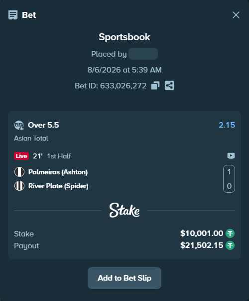 Bet slip: Palmeiras (Ashton) - River Plate (Spider), $10,011.00 stake at 2.15 odds, placed by wswrj2008