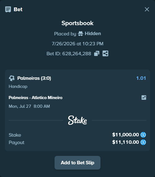 Bet slip: Palmeiras - Atletico Mineiro, $11,000.00 stake at 1.01 odds, placed by Hidden