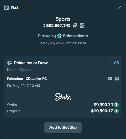 Bet slip: Palmeiras - CD Junior FC, $10,000.72 stake at 1.06 odds, placed by Salmazakaria
