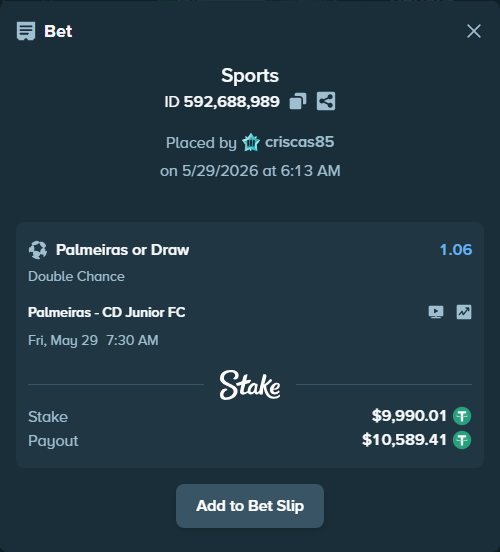 Bet slip: Palmeiras - CD Junior FC, $10,000.00 stake at 1.06 odds, placed by criscas85