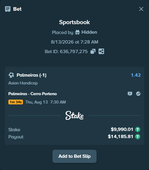 Bet slip: Palmeiras - Cerro Porteno, $10,000.00 stake at 1.42 odds, placed by Hidden