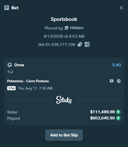Bet slip: Palmeiras - Cerro Porteno, $111,601.47 stake at 5.40 odds, placed by Hidden