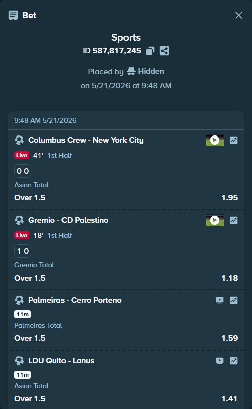 Bet slip: Palmeiras - Cerro Porteno, $17,760.00 stake at 1.59 odds, placed by Hidden