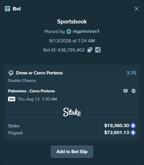 Bet slip: Palmeiras - Cerro Porteno, $19,356.11 stake at 3.75 odds, placed by myprecious1