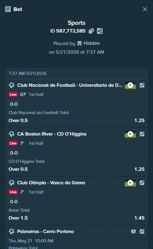 Bet slip: Palmeiras - Cerro Porteno, $25,778.00 stake at 1.60 odds, placed by Hidden