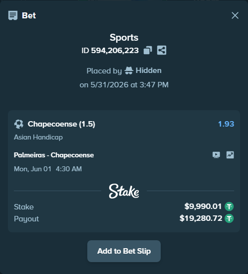 Bet slip: Palmeiras - Chapecoense, $10,000.00 stake at 1.93 odds, placed by Hidden