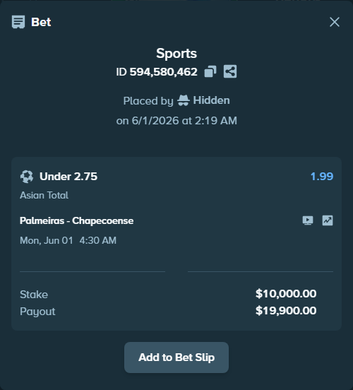Bet slip: Palmeiras - Chapecoense, $10,000.00 stake at 1.99 odds, placed by Hidden