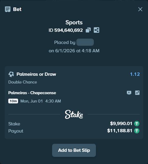 Bet slip: Palmeiras - Chapecoense, $10,000.00 stake at 1.12 odds, placed by criscas85