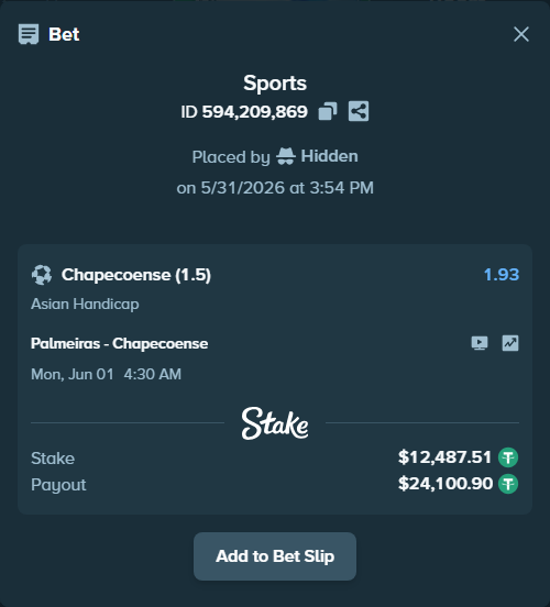 Bet slip: Palmeiras - Chapecoense, $12,500.00 stake at 1.93 odds, placed by Hidden