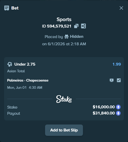 Bet slip: Palmeiras - Chapecoense, $13,891.21 stake at 1.99 odds, placed by Hidden