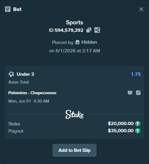 Bet slip: Palmeiras - Chapecoense, $20,020.00 stake at 1.75 odds, placed by Hidden