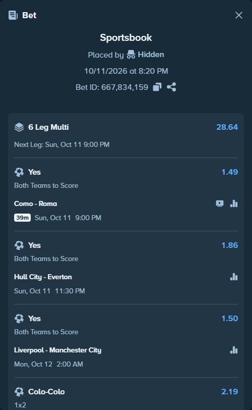 Bet slip: Palmeiras - Corinthians, $15,015.00 stake at 1.63 odds, placed by Hidden