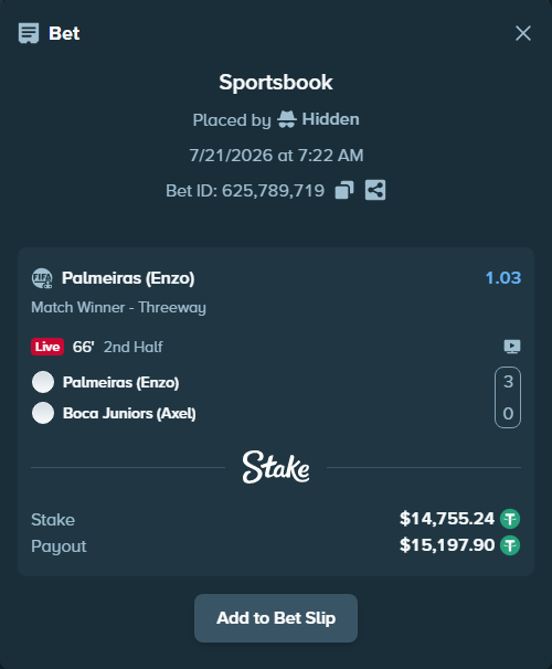 Bet slip: Palmeiras (Enzo) - Boca Juniors (Axel), $14,770.00 stake at 1.03 odds, placed by Hidden