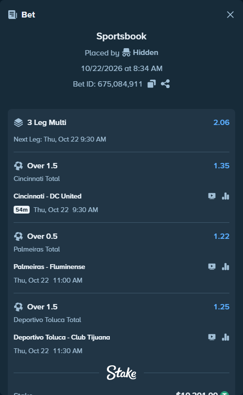 Bet slip: Palmeiras - Fluminense, $10,211.20 stake at 1.22 odds, placed by Hidden