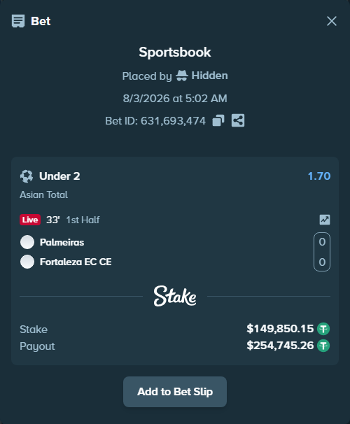 Bet slip: Palmeiras - Fortaleza EC CE, $150,000.00 stake at 1.70 odds, placed by Hidden