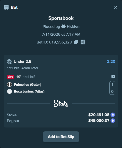 Bet slip: Palmeiras (Galen) - Boca Juniors (Atlas), $21,753.11 stake at 2.20 odds, placed by Hidden