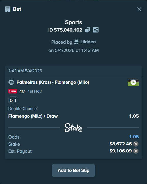 Bet slip: Palmeiras (Kros) - Flamengo (Milo), $7,145.89 stake at 1.05 odds, placed by Hidden