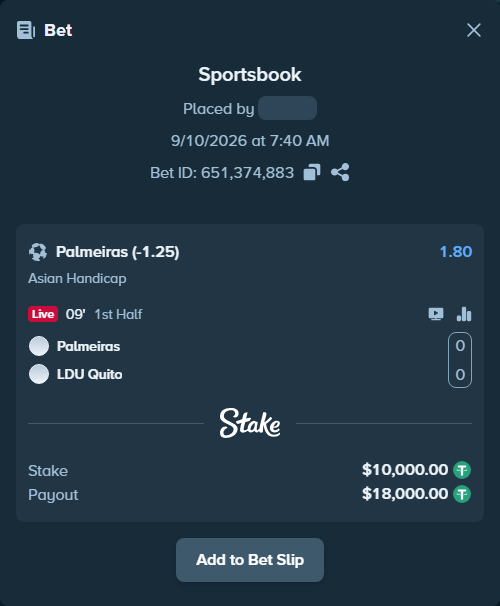 Bet slip: Palmeiras - LDU Quito, $10,000.00 stake at 1.80 odds, placed by Agus1033