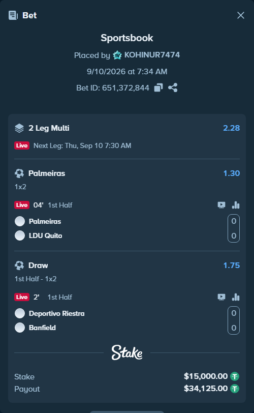 Bet slip: Palmeiras - LDU Quito, $15,000.00 stake at 1.30 odds, placed by KOHINUR7474
