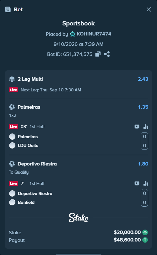 Bet slip: Palmeiras - LDU Quito, $20,000.00 stake at 1.35 odds, placed by KOHINUR7474
