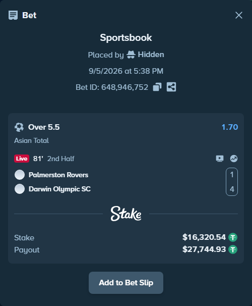 Bet slip: Palmerston Rovers - Darwin Olympic SC, $16,318.91 stake at 1.70 odds, placed by Hidden