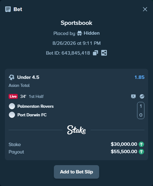 Bet slip: Palmerston Rovers - Port Darwin FC, $30,000.00 stake at 1.85 odds, placed by Hidden