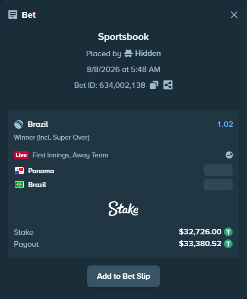 Bet slip: Panama - Brazil, $32,758.73 stake at 1.02 odds, placed by Hidden