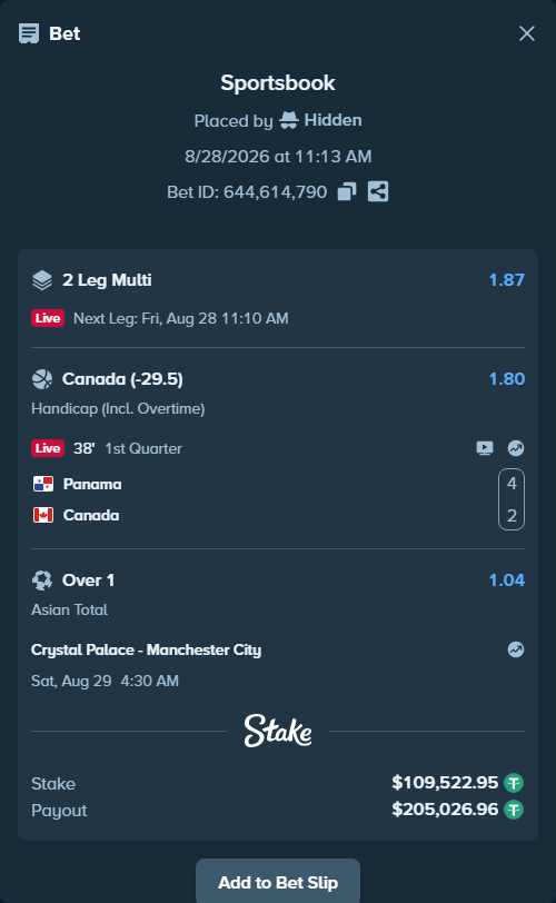 Bet slip: Panama - Canada, $109,512.00 stake at 1.80 odds, placed by Hidden
