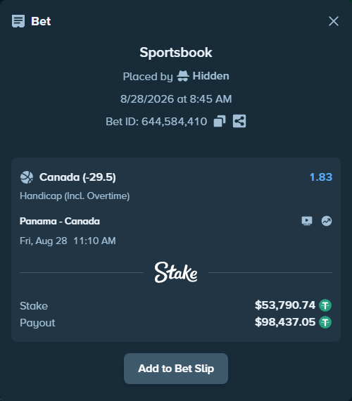 Bet slip: Panama - Canada, $53,785.36 stake at 1.83 odds, placed by Hidden