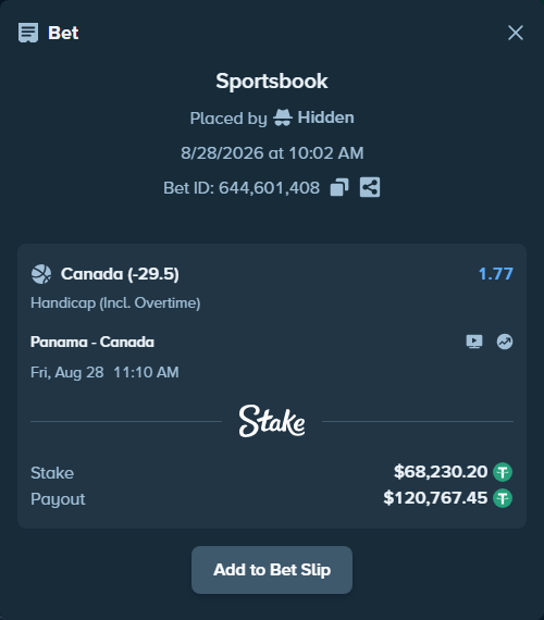 Bet slip: Panama - Canada, $68,223.37 stake at 1.77 odds, placed by Hidden