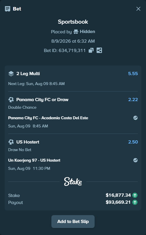 Bet slip: Panama City FC - Academia Costa Del Este, $16,894.21 stake at 2.22 odds, placed by Hidden