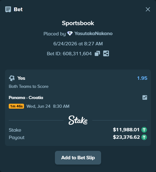 Bet slip: Panama - Croatia, $12,000.00 stake at 1.95 odds, placed by YasutakaNakano