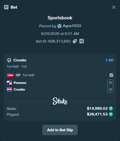 Bet slip: Panama - Croatia, $15,000.00 stake at 1.90 odds, placed by Agus1033